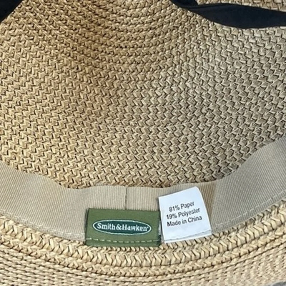 Smith & Hawken Wide Brim Straw Sun Hat Black Ribbon Chin Cord Natural Tan VG
